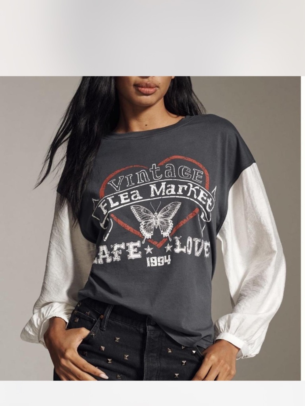 Pilcro Charcoal Graphic Pullover with White Bishop Sleeves